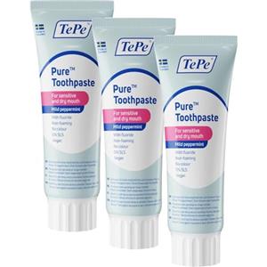 TePe Dentifricio TePe Pure, menta piperita delicata, dentifricio molto delicato al fluoro per gengive sensibili e bocca secca, uso quotidiano, livello di fluoro adeguato all'età (Confezione da 3)