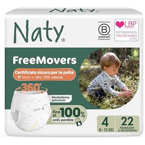 Naty FreeMovers Pannolino a Mutandina | Mutandino Certificato per Pelli Sensibili | Morbido, Senza Profumo | Assorbente & Anti-Perdite | Unisex Bambino & Bimbo | Taglia 4 (8-15 kg), 22 Pezzi