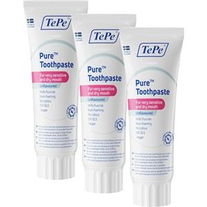 TePe Dentifricio TePe Pure, non aromatizzato, dentifricio molto delicato al fluoro per gengive molto sensibili e bocca secca, uso quotidiano, livello di fluoro adeguato all'età (Confezione da 3)