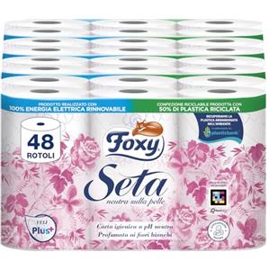 Foxy Seta | Carta igienica 200 strappi x 48 rotoli, 2 veli elevato spessore | Confezione riciclabile prodotta con plastica riciclata
