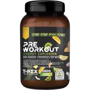 T-Rex Integratori Pre Workout, Energy Drink Potente con Creatina Monoidrata, Citrullina, Taurina, Arginina, Beta Alanina e Vitamine - Senza Caffeina, 250 g (250 g (Confezione da 1), Tropical)