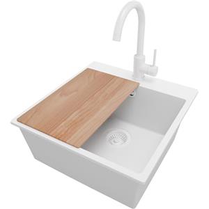 PRIMAGRAN Lavandino da Cucina Tutto Bianco 48x50cm, Lavello in Granito a 1 vasca + Rubinetto 32x20cm + Set di accessori, Lavabo da Cucina Incasso al Mobile 50cm - Riga S262