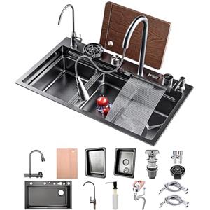 KOOGIMDDR Lavandino da cucina a cascata nera rettangolare in acciaio inox, 1 bacino 90 × 50 cm, con rubinetto estraibile, sifone e troppopieno, lavello da bar multifunzionale, set da cucina