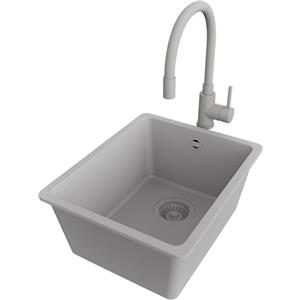 PRIMAGRAN Lavandino da Cucina Tutto Grigio 36x44cm, Lavello in Granito a 1 vasca + Rubinetto 38x14cm + Set di accessori, Lavabo da Cucina Incasso al Mobile 40cm - Venezia Easy Slim S026
