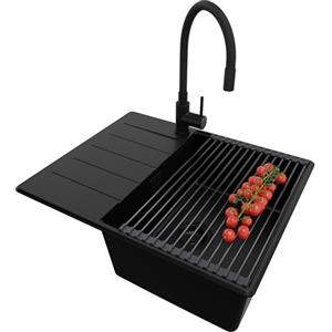 PRIMAGRAN Lavandino Angolare Tutto Nero 62x50cm, Lavello in Granito a 1 vasca + Rubinetto 40x38cm + Set di accessori, Lavabo da Cucina Incasso al Mobile 45cm - Copenhagen S244