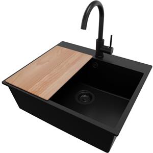 PRIMAGRAN Lavandino da Cucina Tutto Nero 58x50cm, Lavello in Granito a 1 vasca + Rubinetto 32x20cm + Set di accessori, Lavabo da Cucina Incasso al Mobile 60cm - Riga S350