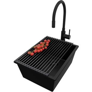 PRIMAGRAN Lavandino da Cucina Tutto Nero 36x47cm, Lavello in Granito a 1 vasca + Rubinetto 40x38cm + Set di accessori, Lavabo da Cucina Incasso al Mobile 40cm - London Slim S082
