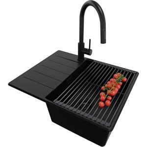 PRIMAGRAN Lavandino Angolare Tutto Nero 62x50cm, Lavello in Granito a 1 vasca + Rubinetto 40x20cm + Set di accessori, Lavabo da Cucina Incasso al Mobile 45cm - Copenhagen S243