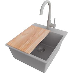 PRIMAGRAN Lavandino da Cucina Tutto Grigio 43x50cm, Lavello in Granito a 1 vasca + Rubinetto 32x20cm + Set di accessori, Lavabo da Cucina Incasso al Mobile 45cm - Riga S174