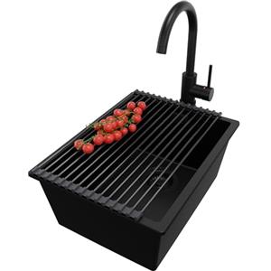 PRIMAGRAN Lavandino da Cucina Tutto Nero 36x47cm, Lavello in Granito a 1 vasca + Rubinetto 32x20cm + Set di accessori, Lavabo da Cucina Incasso al Mobile 40cm - London Slim S080