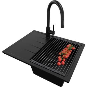 PRIMAGRAN Lavandino da Cucina Tutto Nero 62x50cm, Lavello in Granito a 1 vasca + Rubinetto 40x20cm + Set di accessori, Lavabo da Cucina Incasso al Mobile 40cm - Milano S043