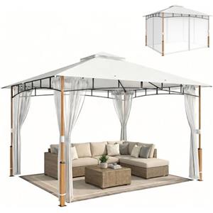 Outsunny Gazebo da Giardino 3x3.6 m con Parete Zanzariera, Gazebo da Esterno con Doppio Tetto, Fori di Drenaggio, Struttura in Metallo Effetto Legno, per Giardino Terrazzo Feste Patio, UV50+, Crema