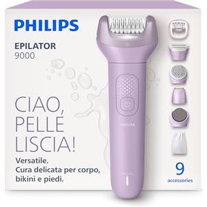 Philips Epilatore Serie 9000 - Epilatore elettrico Wet & Dry senza fili, per gambe, corpo e zona bikini, con ProGuide, 9 accessori, tra cui testina pedicure, autonomia di 60 minuti, modello BRE728/00