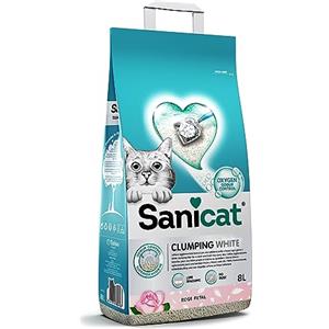 Sanicat - Lettiera per gatti agglomerante bianca all'aroma di petali di rosa, A base di minerali naturali, Assorbe l'umidità Formato da 8 L