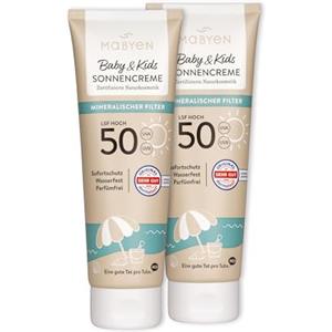 MABYEN Crema solare minerale al 100% Baby & Kids SPF 50, 2 x 100 ml, crema solare per bambini con filtro minerale UVA/UVB, protezione immediata senza tempo di posa - impermeabile, senza profumo