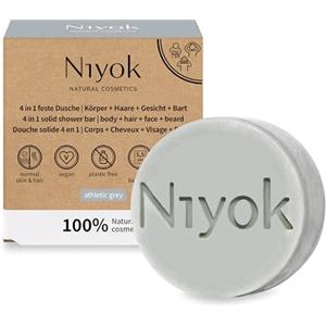 Niyok Doccia solida 4 in 1 "Athletic Grey" 80g, sapone per corpo + capelli + viso + barba, cura del corpo sostenibile tutto-in-uno + sapone doccia + shampoo + detergente viso