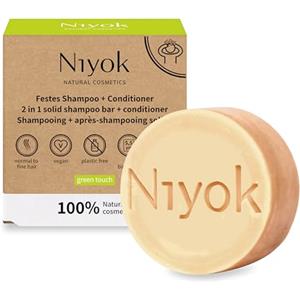 Niyok Shampoo solido 2 in 1 + balsamo "Green Touch" (80 g) - Sapone vegano - Shampoo e balsamo sostenibili - Shampoo e balsamo per capelli - 100% cosmetici naturali - Senza plastica e vegano