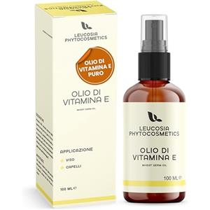 Leucosia Phytocosmetics Leucosia Olio di Vitamina E Pura Naturale 100 ml, Trattamento Antietà e Idratante per Viso, Corpo e Capelli, Siero Antiage con Tocoferolo, Vitamina E Liquida contro Rughe, Smagliature e Capelli Crespi