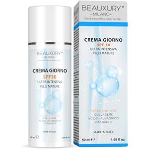Beauxury Milano Crema Giorno SPF 30 AntiAge e Anti Rughe Con Acido Ialuronico, Ideale per Pelli Mature, Azione Idratante e Liftante con Protezione Solare da 50 ml