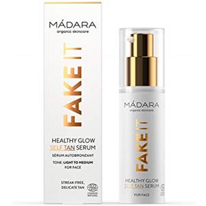 MÁDARA Organic Skincare | FAKE IT Healthy Glow Serum, 30ml, Con Olio di Semi di Lampone, Burro di Karitè, Acido Ialuronico Multimolecolare e Vitamina E, Vegan, Certificato Ecocert