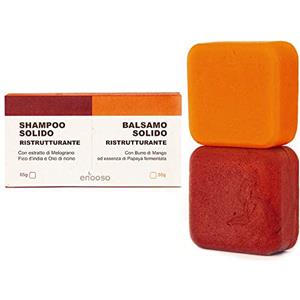 Enooso - Set Shampoo Solido e Balsamo Naturale e Ristrutturante per capelli danneggiati 120 g - Mango e Papaya - Artigianale Biologico Vegano - Made in Italy