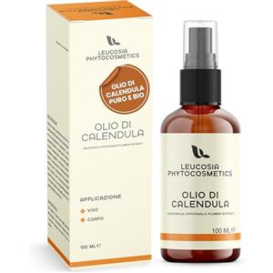 Leucosia Phytocosmetics Leucosia Olio di Calendula Puro Biologico 100 ml, Lenitivo Naturale per Pelli Sensibili, Secche o Irritate, per Corpo, Viso, Massaggi e Neonati, Oleolito di Calendula Naturale Vegan Eco-Friendly