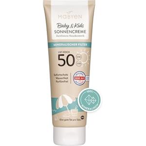 MABYEN Crema solare per bambini, protezione solare per bambini, 100 ml, protezione solare minerale SPF 50, cosmetici naturali certificati, Natrue, vegano, senza profumi, ecologica