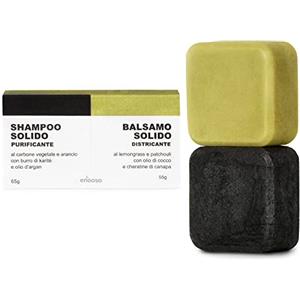 ENOOSO - Shampoo Solido Bio e Balsamo, Purificante per Capelli Grassi, Districante, 100% Vegano e Artigianale, Ecologico e Nutriente, 120g, 2 unità, Senza Sapone