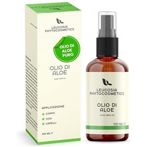Leucosia Phytocosmetics Leucosia Olio di Aloe Vera 100% Naturale, 100ml, Olio Idratante e Lenitivo Corpo, Viso e Capelli, Trattamento Dopo Sole Aloe Vera per Scottature e Pelle Secca, Nutriente, Antiossidante e Rigenerante