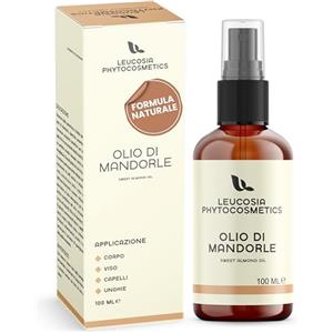 Leucosia Phytocosmetics Leucosia Olio di Mandorle Dolci Puro 100%, Per Corpo, Viso e Capelli, 100ml, Elasticizzante Per Smagliature, Idratante Pelle Secca, Olio di Mandorle Neonato, Massaggio Corpo e Capelli