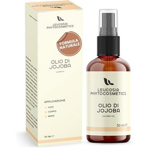 Leucosia Phytocosmetics Leucosia Olio di Jojoba Puro 100%, 50ml, Jojoba Oil per Capelli, Viso e Corpo, Idratante, Antiage e Nutriente, per Cute, Pelle Secca e Capelli Crespi.