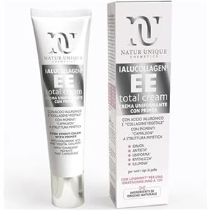 Natur Unique Ialucollagen EE Total Cream Primer | Crema Viso Uomo e Donna Uniformante | Crema Idratante Viso con Acido Ialuronico Viso e Collagene | Antiage e Anti-Inquinamento | Formato 40ml