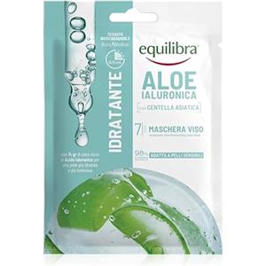 Equilibra, Aloe Ialuronica Maschera Viso Idratante, con Acido Ialuronico, Aloe Vera e Centella Asiatica, Azione Idratante, Adatta a Pelli Sensibili, Clinicamente testata, Tessuto 100% Naturale