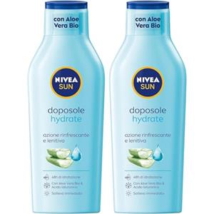 NIVEA SUN Latte Doposole Hydrate in maxi flacone da 400 ml, Crema doposole con aloe vera bio e acido ialuronico, Crema corpo idratante ad azione rinfrescante e lenitiva (Confezione da 2)