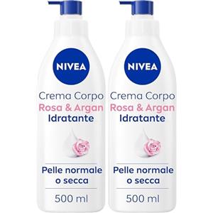 NIVEA Crema Corpo Idratante Rosa & Argan 500 ml, Crema idratante corpo 72h, Crema corpo profumata con Acido Ialuronico Puro e Siero Nutrimento Intenso, Crema corpo idratante pelle secca o normale