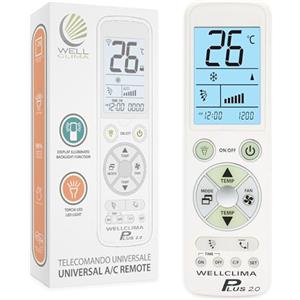 Wellclima Plus 2.0 - Telecomando Universale per Condizionatore con la Maggiore Compatibilità sul Mercato, Tastiera e Display Retroilluminati, Torcia LED, Assistenza Diretta Wellclima