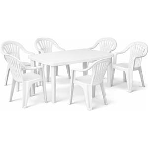 PALUPLUS Set Tavolo Ovale da Giardino con 6 Sedie in Plastica colore Bianco, Misura tavolino 137x85x72 cm, Sedie Impilabili con Braccioli, Arredo per Esterno, Terrazzo, Made in Italy -FAR/LYR