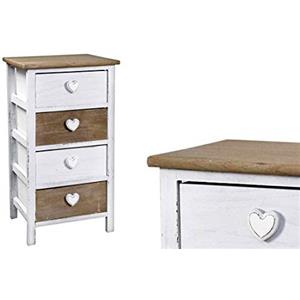 GICOS SRL Cassettiera in Legno Bianco Anticato 4 cassetti Bianco/Marrone pomello Cuore 37x29x70 Shabby Chic