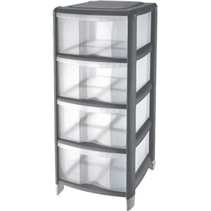 Sicignano Casalinghi Ingrosso Casalinghi Sicignano | Cassettiera a 4 Cassetti con Piedini e Ruote, Polipropilene, Linea Bambù - Design Moderno, Ideale per Casa e Ufficio - 38.5x39.5x86h cm, Colore Grafite/Trasparente, Made in Italy