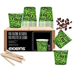bioexxe 100 Pz Bicchierini Caffe Carta Espresso Tazzine Biodegradabili 75ml + 100 Pz Palettine Legno Monouso (verde)