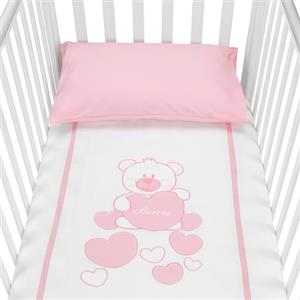 baby idea Babysanity Piumino Lettino Neonato Ricamato Completo Federa e Copripiumino e Lenzuolino con Angoli Sfoderabile Senza Paracolpi Lettino - Made in Italy- (Orsetto Cuore Rosa)