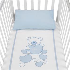 baby idea Babysanity Piumino Lettino Neonato Ricamato Completo Federa e Copripiumino e Lenzuolino con Angoli Sfoderabile Senza Paracolpi Lettino - Made in Italy- (Orsetto Cuore Azzurro)