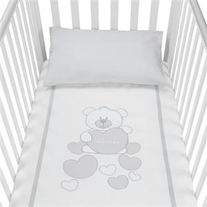 baby idea Babysanity Piumino Lettino Neonato Ricamato Completo Federa e Copripiumino e Lenzuolino con Angoli Sfoderabile Senza Paracolpi Lettino - Made in Italy- (Orsetto Cuore Grigio)