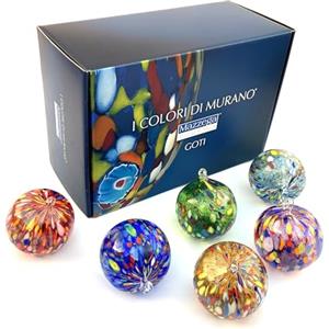 MAZZEGA ART & DESIGN - 6 palline di Natale Classic in Vetro Soffiate e Lavorate a Mano con Murrine di Murano, linea "I Colori di Murano" Made in Italy (MIX+BOX, 6)