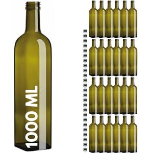 acquaverde | 24 Bottiglie Marasca in Vetro Scuro Uvag, Bottiglia Quadra per Olio e Liquore, 1000 ml con Tappo Dosatore
