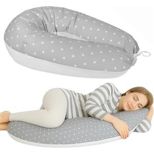 baby idea - Babysanity Cuscino Gravidanza per Dormire e Allattamento - Supporto per Neonato - Forma Ergonomica XXL - Federa Sfoderabile e Lavabile 100% Cotone - Made in Italy (Stella Piccola Grigio)