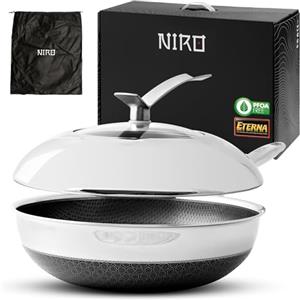NIRO Wok Antiaderente Triplo Strato (Acciaio Inox + Alluminio) Ø28cm, COPERCHIO INCLUSO, Antigraffio, NO PFOA, Per Piano Cottura Induzione, Ceramica, Elettrico, Gas, Forno, Manico Anti Scottatura