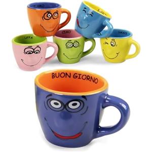 MA MAISON Set Tazzine per Caffè - Facce Divertenti, Ceramica, 80 ml, Resistente al Calore, Colori Assortiti, con Manico, Stile Fantasy