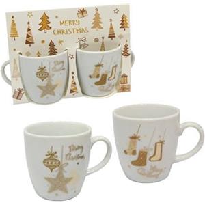 MA MAISON Linea Gold in Ceramica Set Regalo Natalizio - Tazze e Tazzine da Caffè - per Bevande Fredde e Calde Fantasia Oro e Bianca con Decori Natalizi (Set 2 Tazzine)