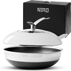 NIRO Wok Antiaderente Triplo Strato (Acciaio Inox + Alluminio) Ø26cm, COPERCHIO INCLUSO, Antigraffio, NO PFOA, Per Piano Cottura Induzione, Ceramica, Elettrico, Gas, Forno, Manico Anti Scottatura